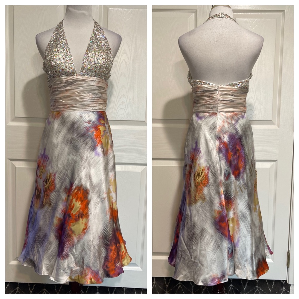 NWT! Nina Austin silk tie-dye multi halter dress